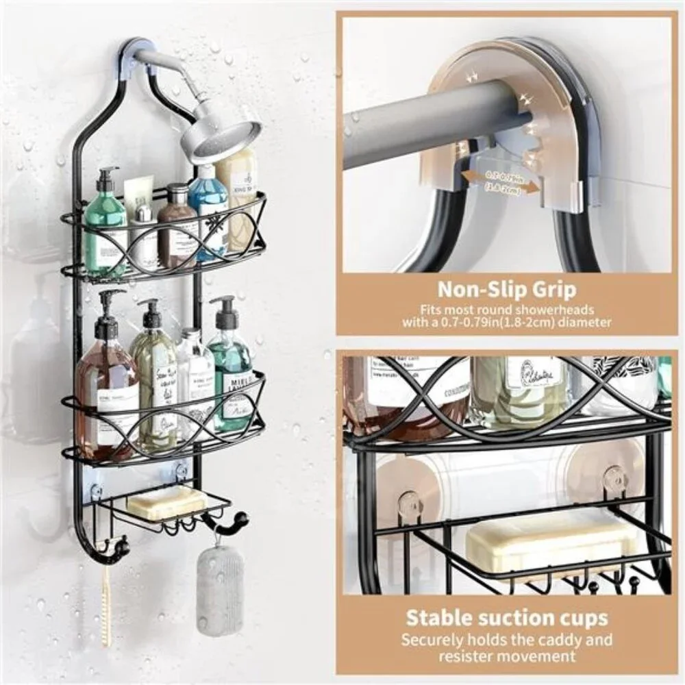 Hanging Shower Caddy Over Shower Head, Black Rust Proof Metal Large Bathroom